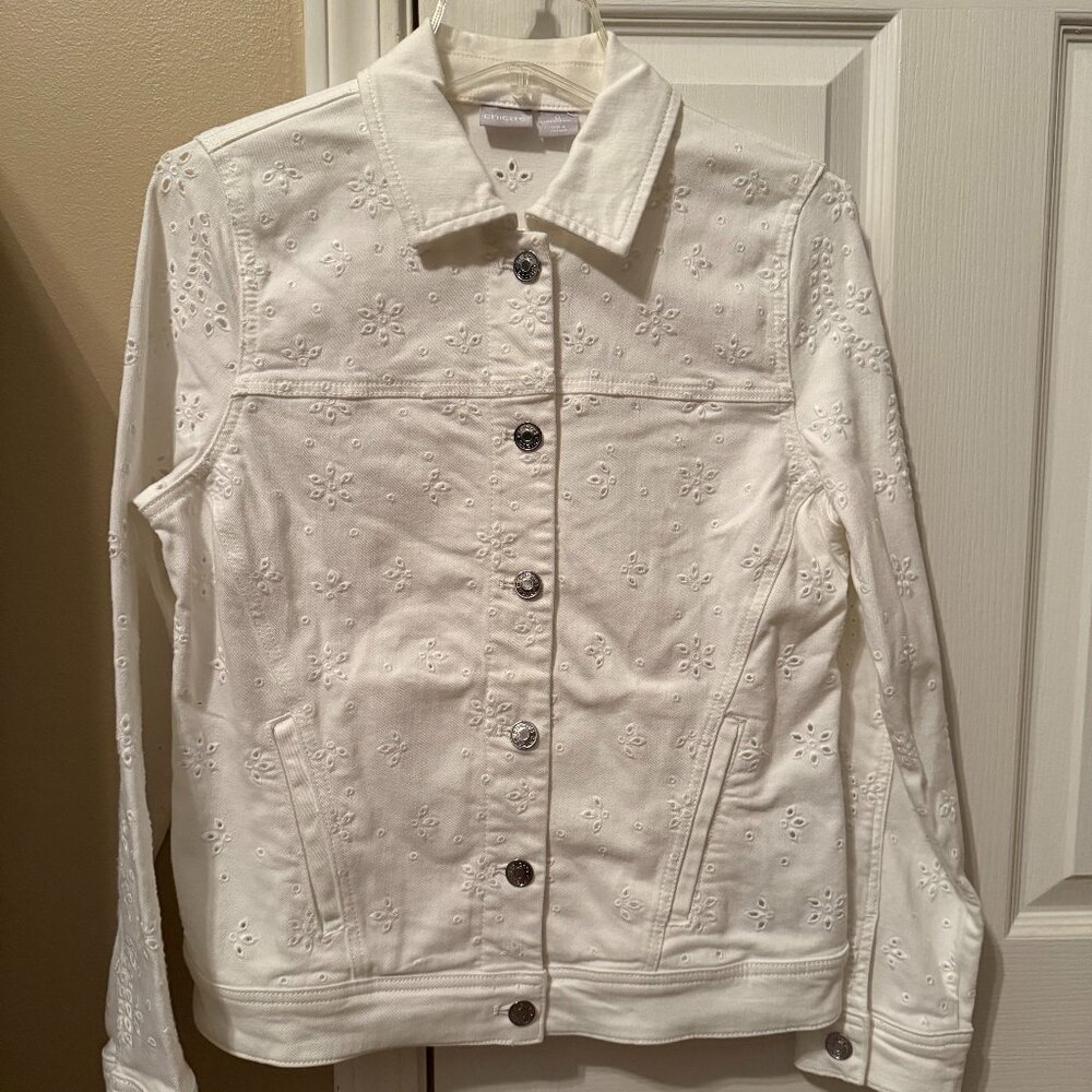 Chico's Long Sleeve White Denim Eyelet Jacket Size 0 - New